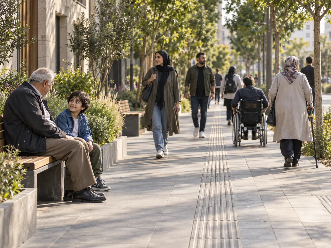 تصویر مفهومی پیادهروی دسترسپذیر با مسیر هدایت لمسی، فضای نشستن و حضور عابران